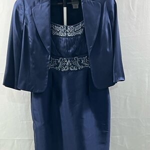 Adrianna Papell Midnight Blue Midi Dress with Silver Embroidery